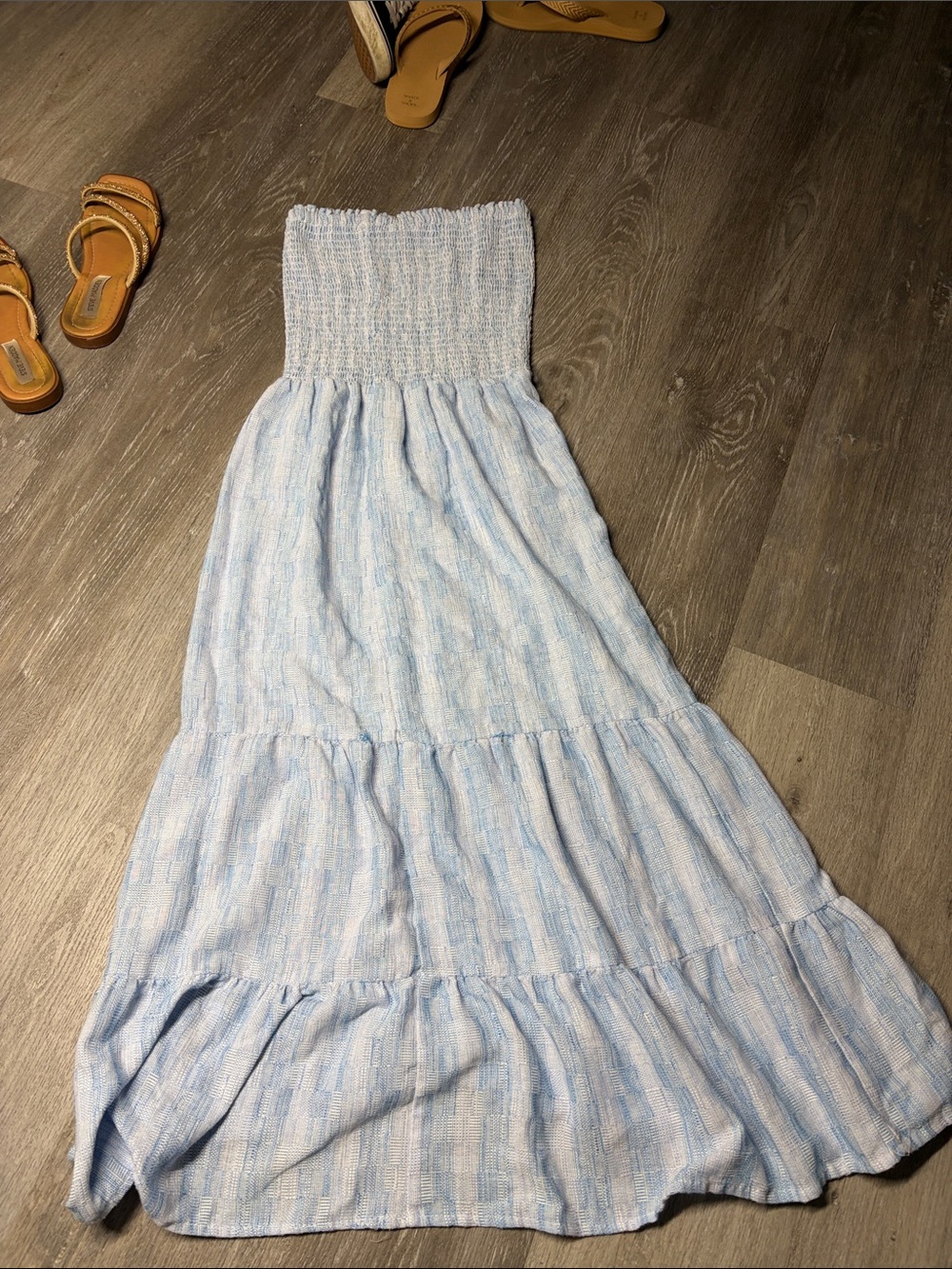 Smocked Strapless Light Blue Tiered Maxi Dress small